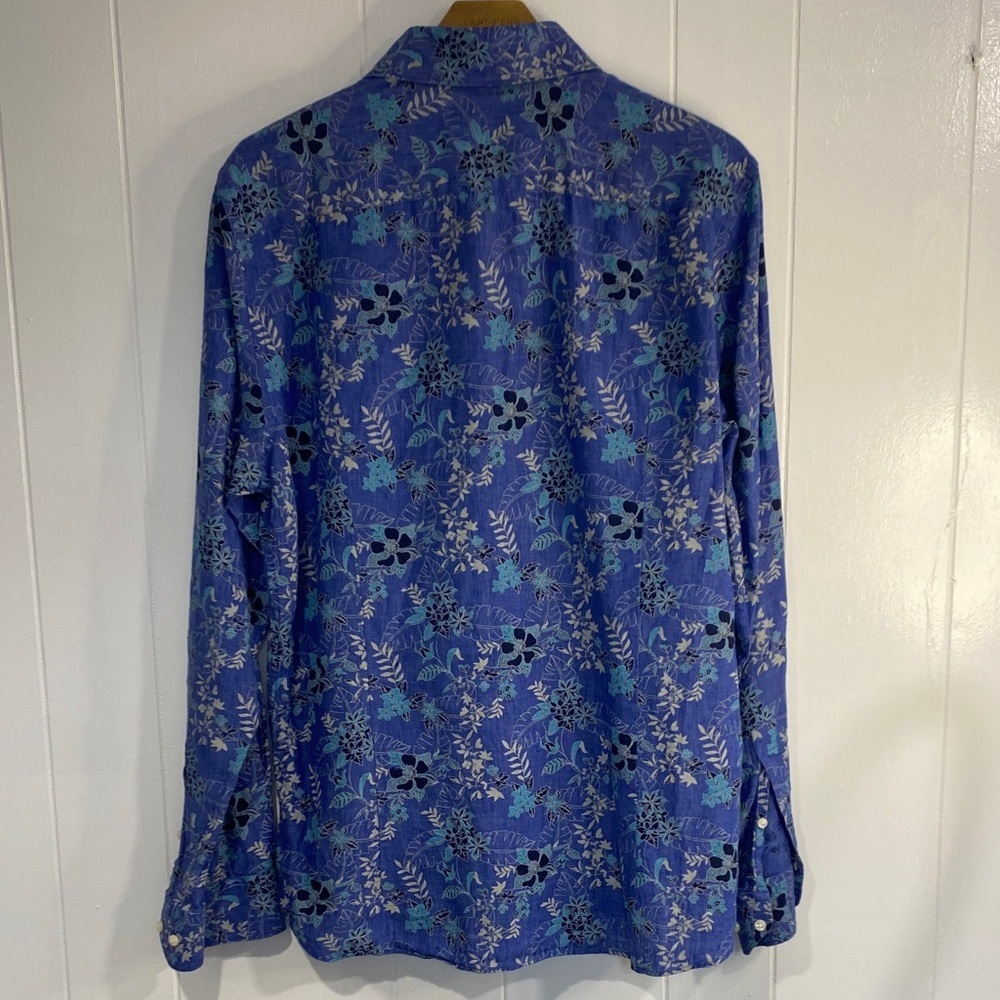Linen Tropical Floral Shirt Buttondown Resortwear Modern Contemporary Blue Small - Picture 7 of 9
